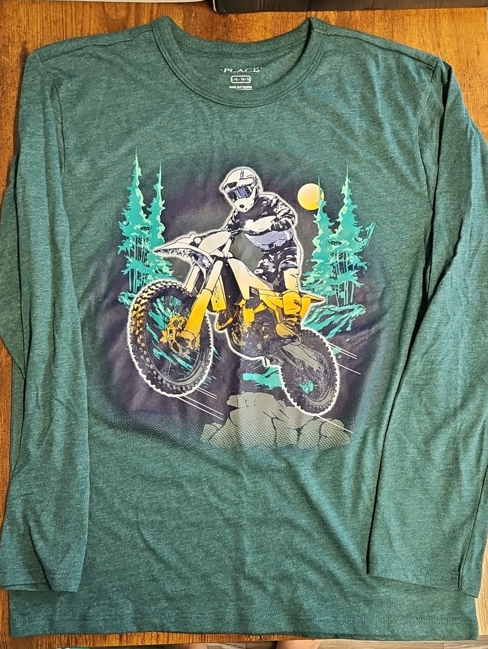 Boy Size L(10/12) PLACE Green Longsleeve Shirt with Dirtbike Print